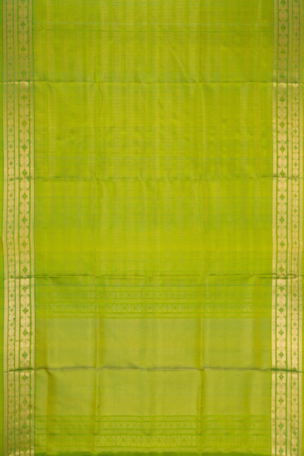 Flat view of Green Dual Tone Soft Silk Saree with Zari Brocade on the body and Zari Border. 