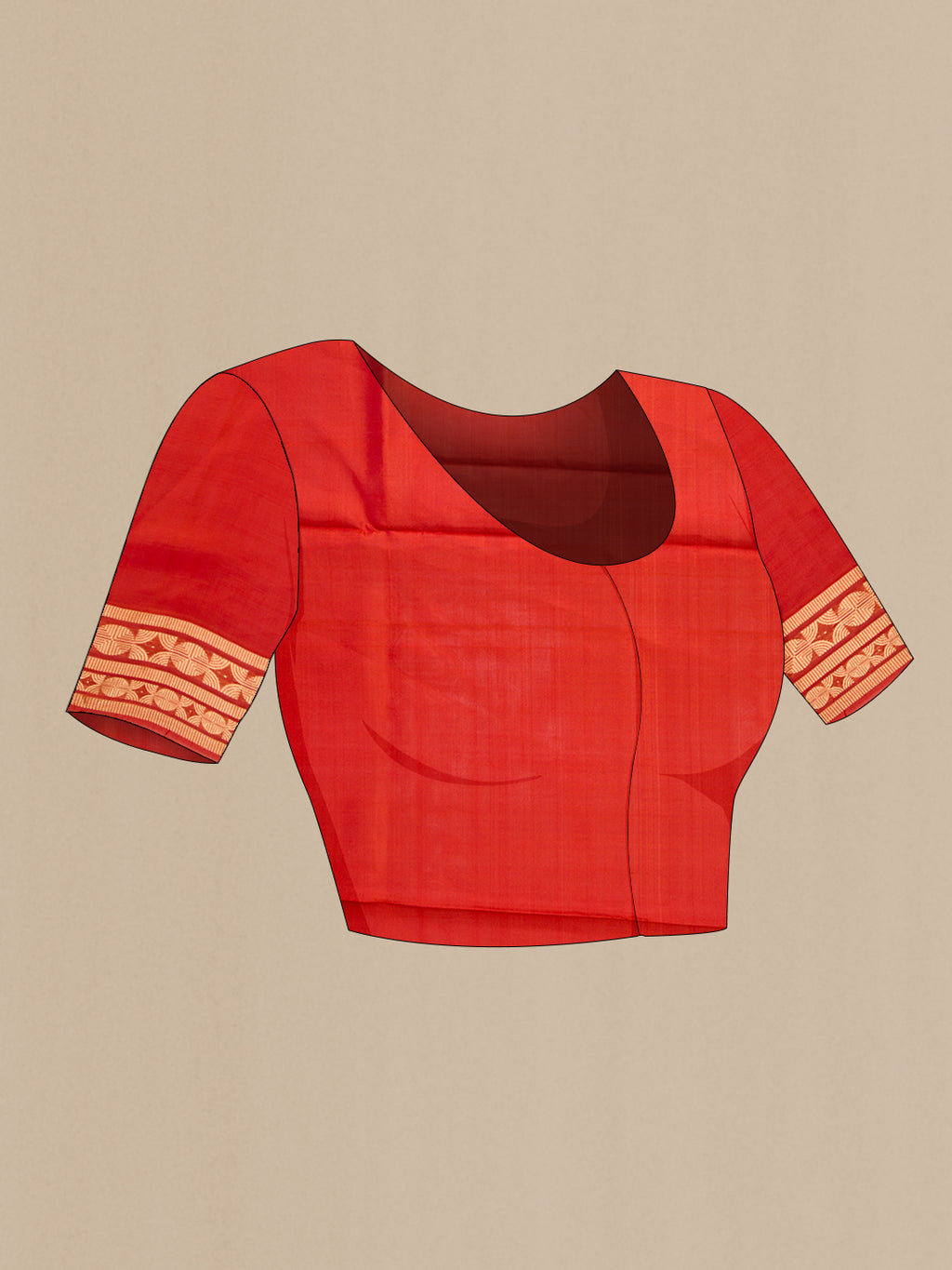 Close up image of the blouse of Rust Soft Silk Saree with Zari Butta on the body and Zari Border. 