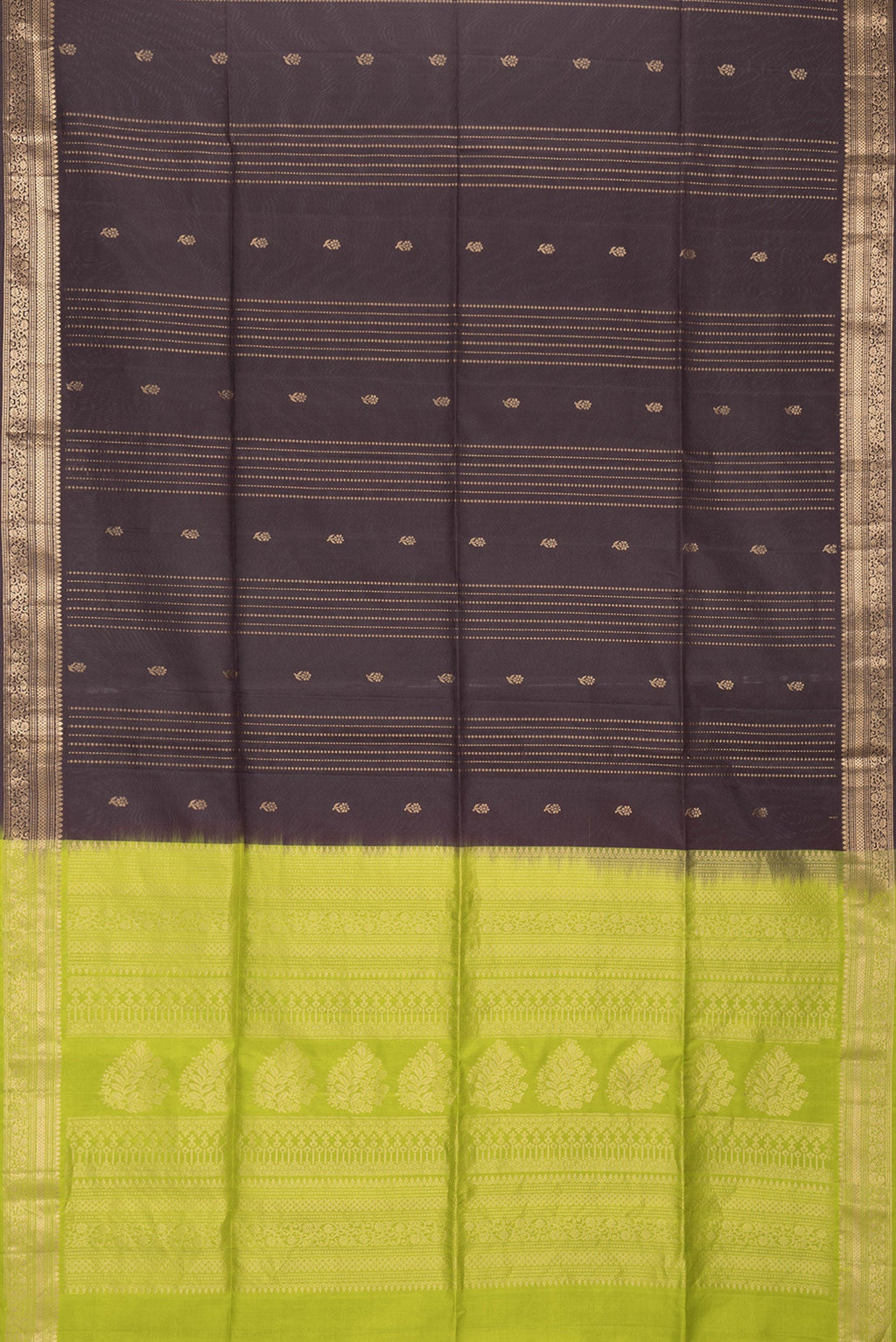 Flat view of Brown Dual Tone Soft Silk Saree with Zari Butta on the body and Zari Border. 