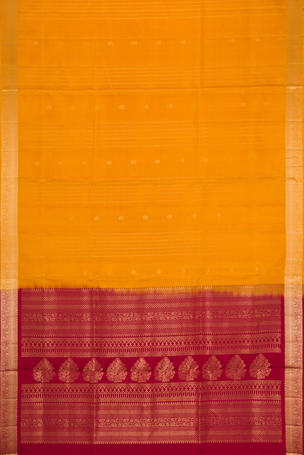Flat view of Yellow Soft Silk Saree with Stripes on the body and Zari Border. 