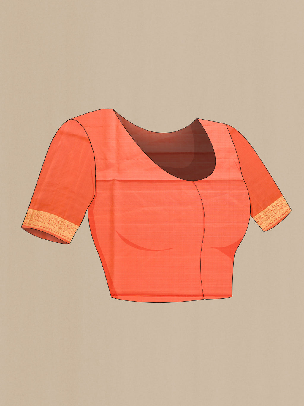 Close up image of the blouse of Peach Soft Silk Saree with Zari Butta on the body and Zari Border. 