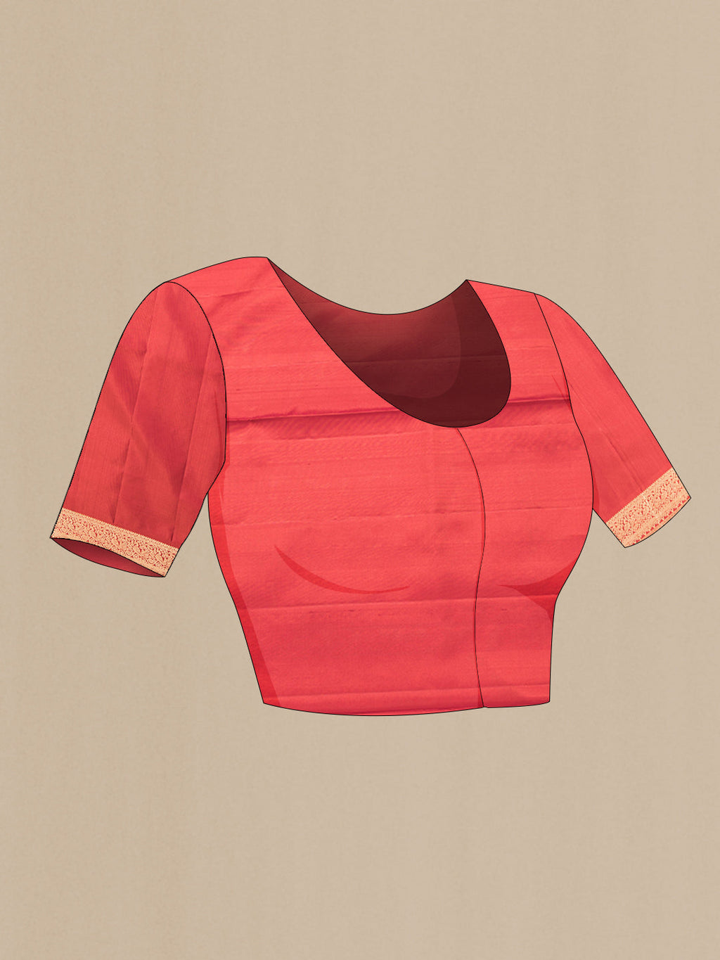 Close up image of the blouse of Brick Orange Dual Tone Soft Silk Saree with Zari Butta on the body and Zari Border. 