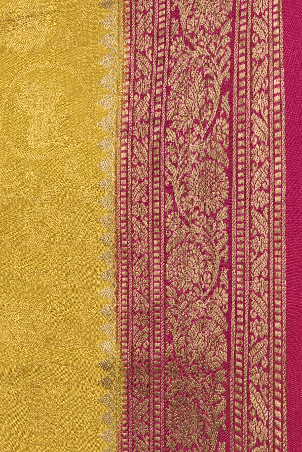 Border image of Yellow Dual Tone Mysore Silk Saree with Zari Brocade on the body and Zari Border. 