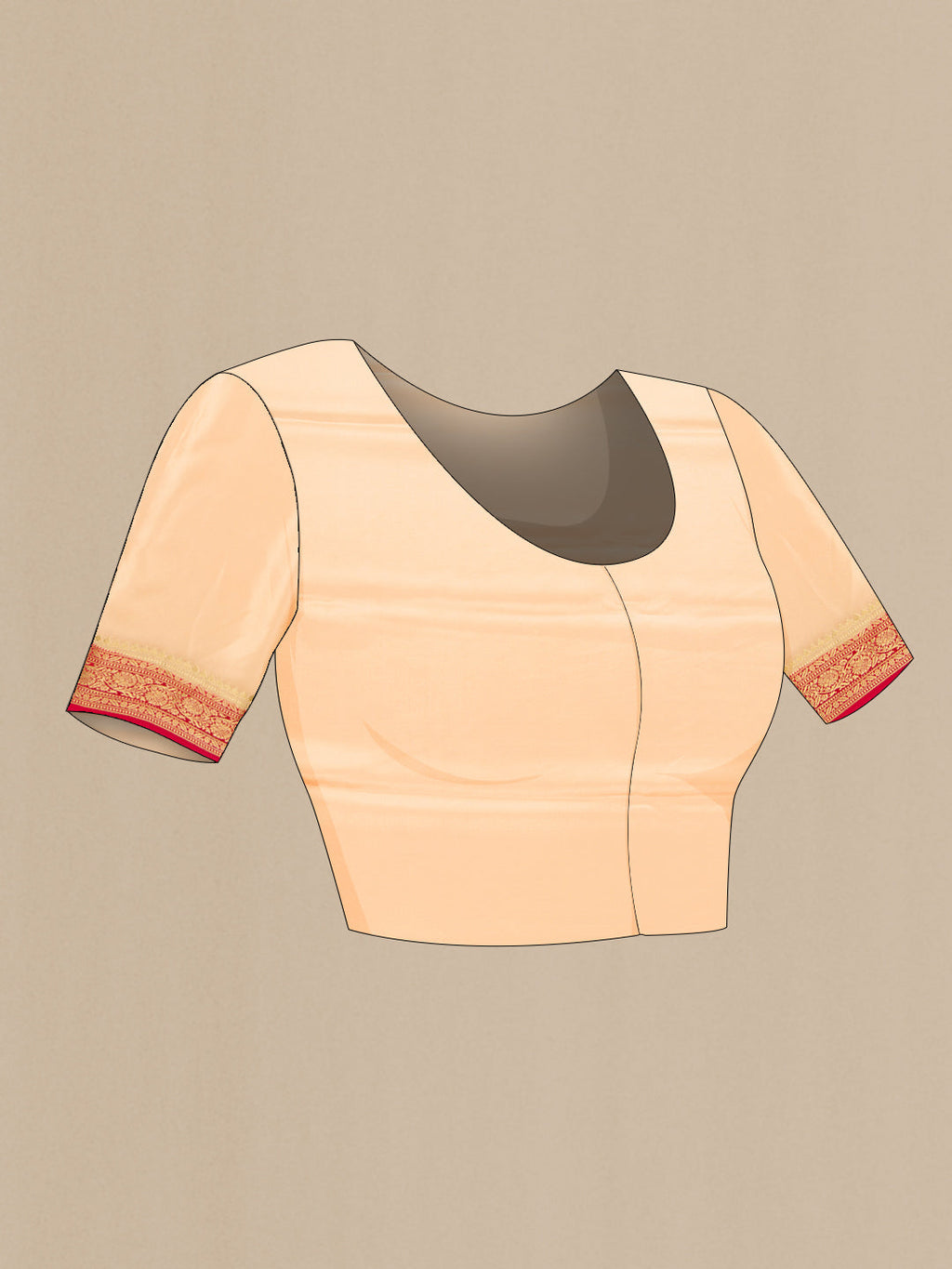 Close up image of the blouse of Red Dual Tone Mysore Silk Saree with Zari Brocade on the body and Zari Border. 