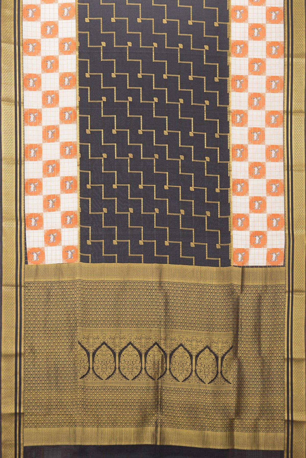 Flat view of Black Dual Tone Mysore Silk Saree with Zari Butta on the body and Fancy Border. 