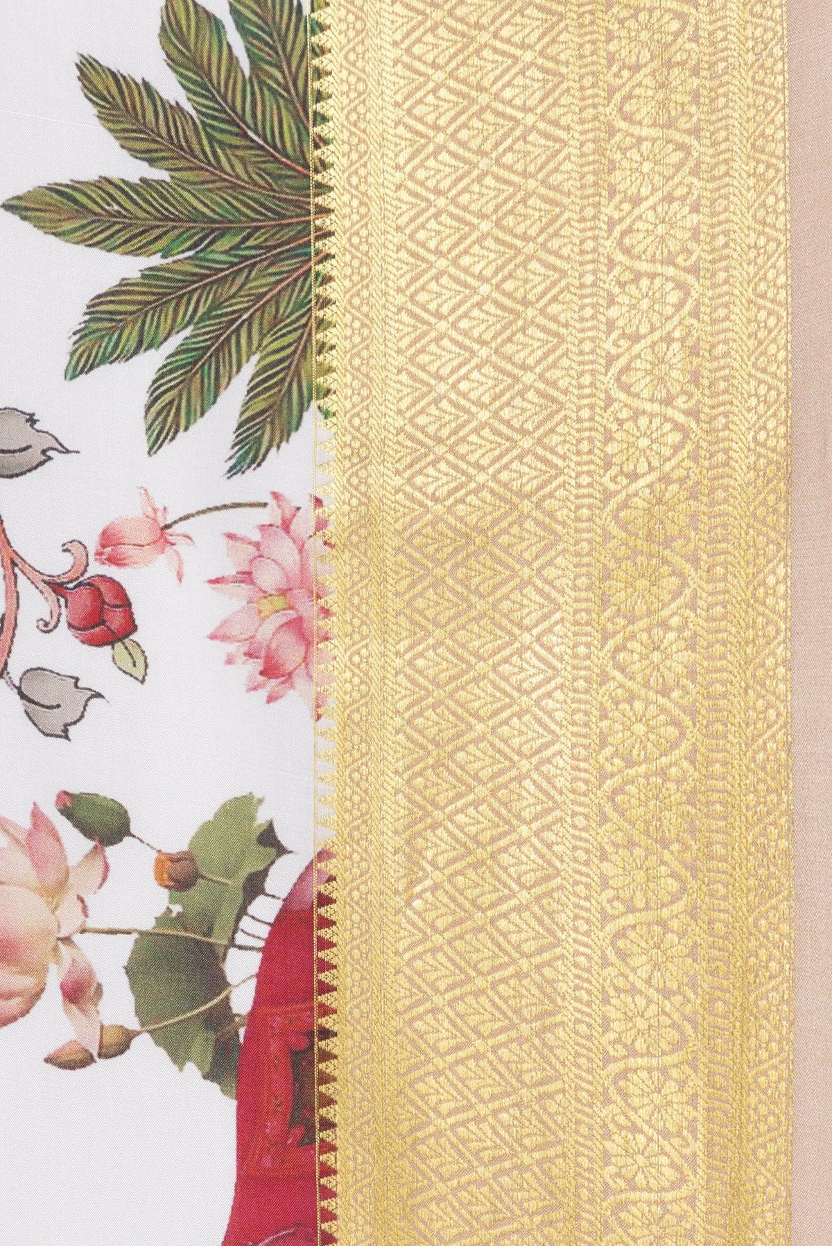 Border image of Off White Dual Tone Mysore Silk Saree with Printed design on the body and Zari Border. 