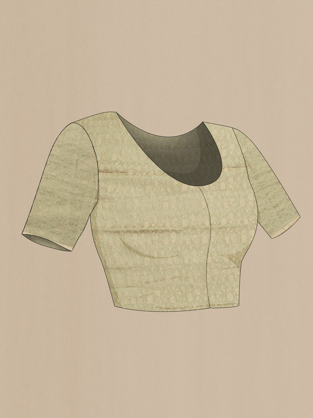 Close up image of the blouse of Pista Green Mysore Chiffon Saree with Plain Body and Zari Border. 