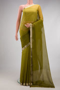 Mehandi Green Mysore Chiffon Saree with Plain Body and Zari Border.  displayed on a mannequin