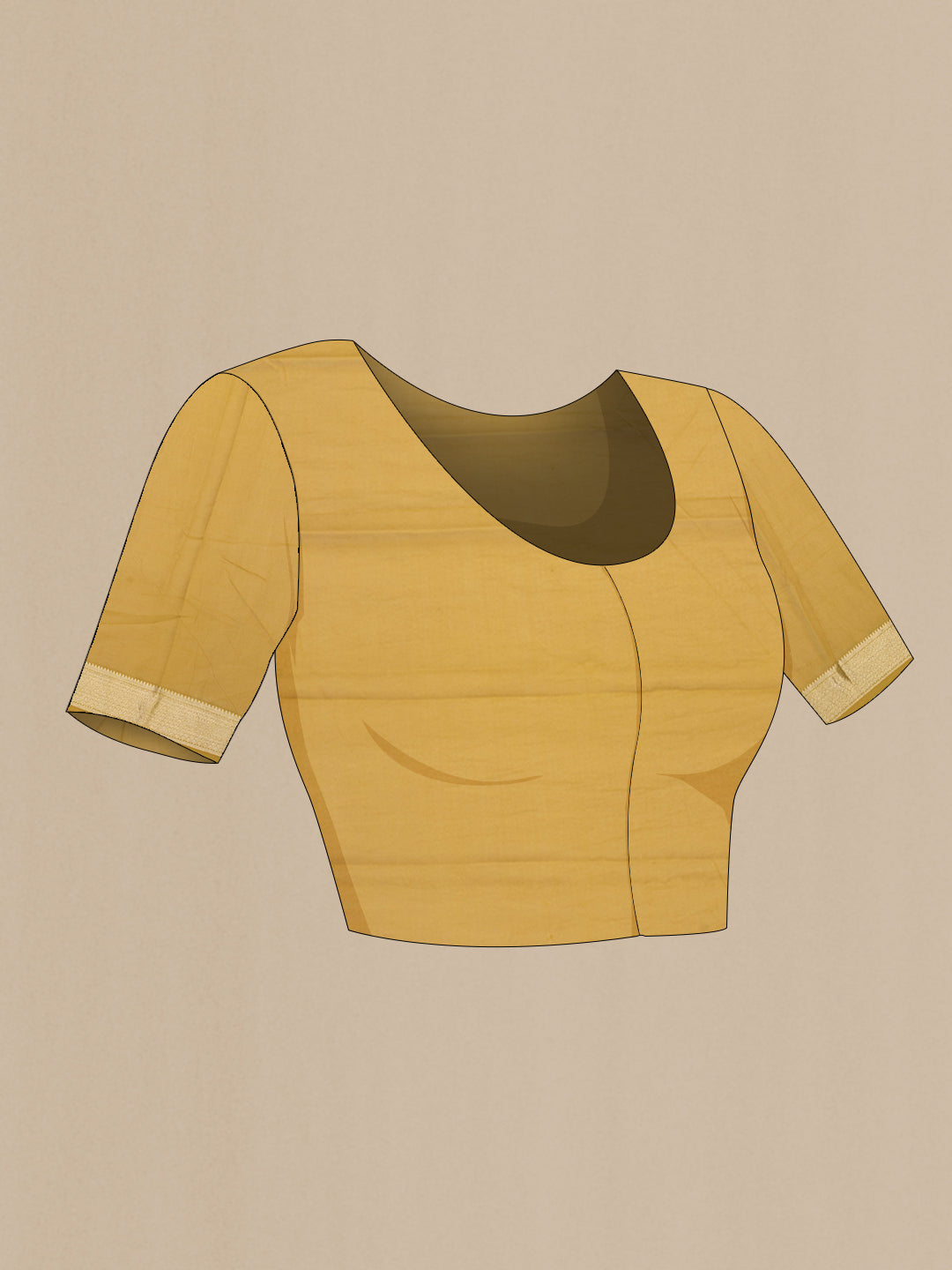 Close up image of the blouse of Mustard Dual Tone Mysore Georgette Saree with Zari Butta on the body and Zari Border. 