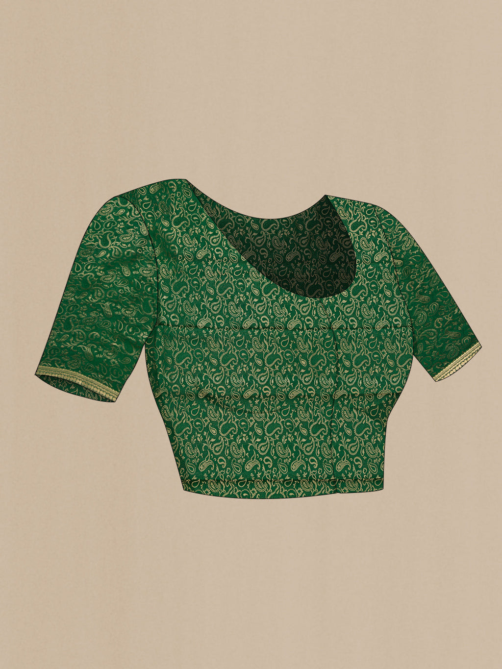 Close up image of the blouse of Bottle Green Mysore Georgette Saree with Plain Body and Zari Border. 