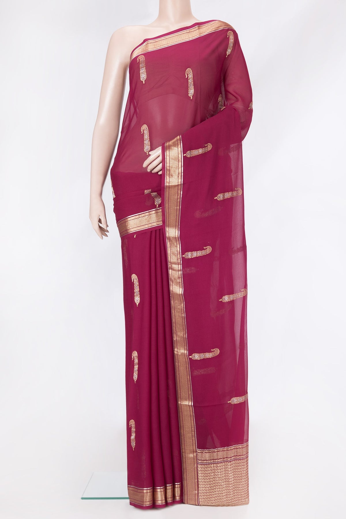 Magenta Dual Tone Mysore Georgette Saree with Zari Butta on the body and Zari Border.  displayed on a mannequin