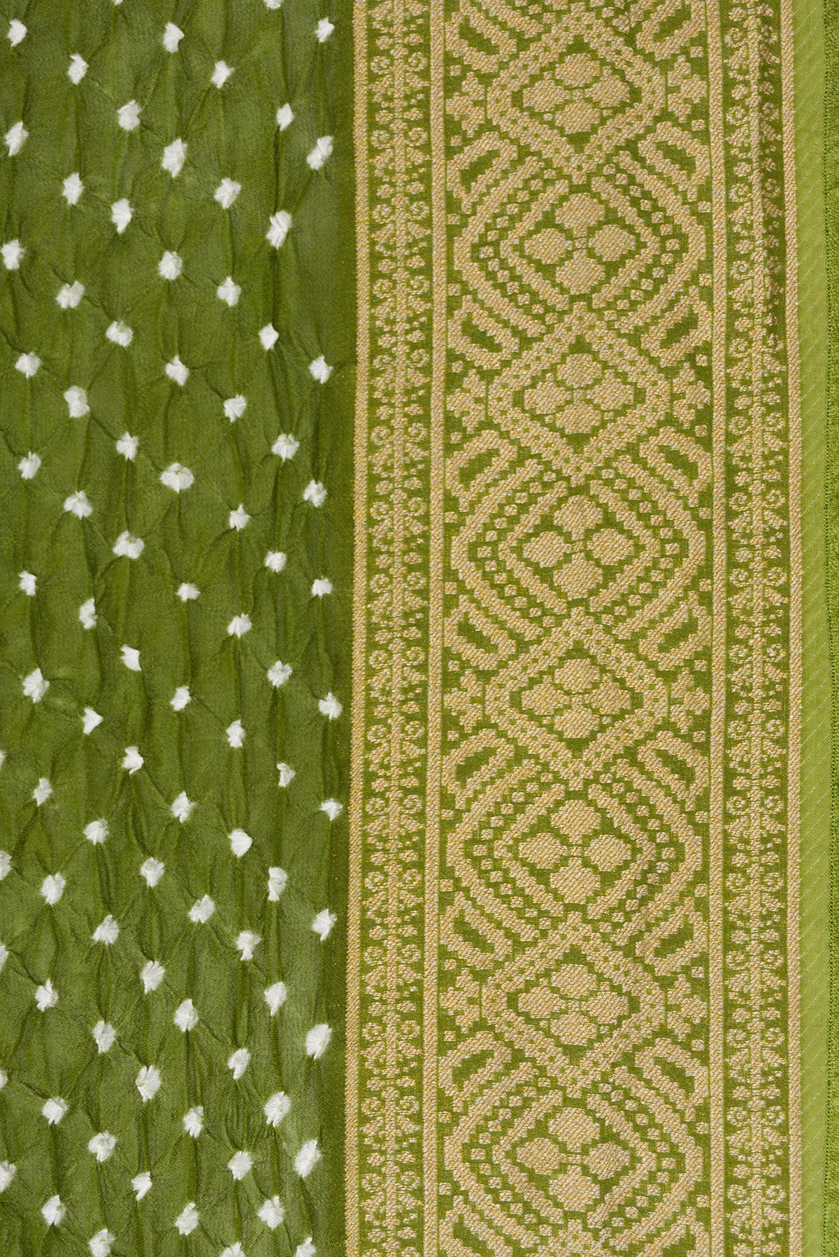Border image of Mehandi Green Dual Tone Bandhani Silk Saree with Bandhani Print on the body and Zari Border. 