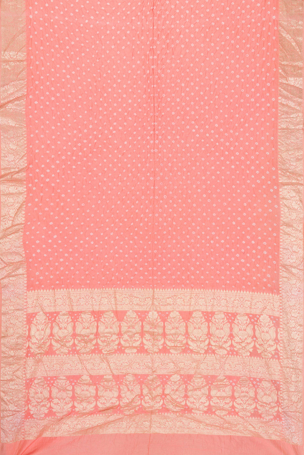 Flat view of Peach Dual Tone Blended Bandhani Silk Saree with Bandhani Print on the body and Zari Border. 