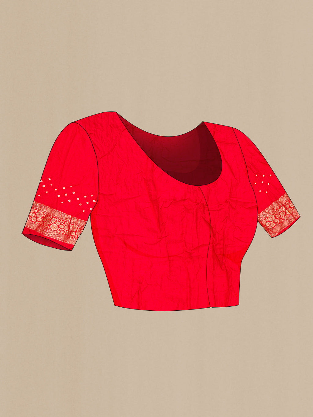 Close up image of the blouse of Red Bandhani Silk Saree with Bandhani Print on the body and Zari Border. 