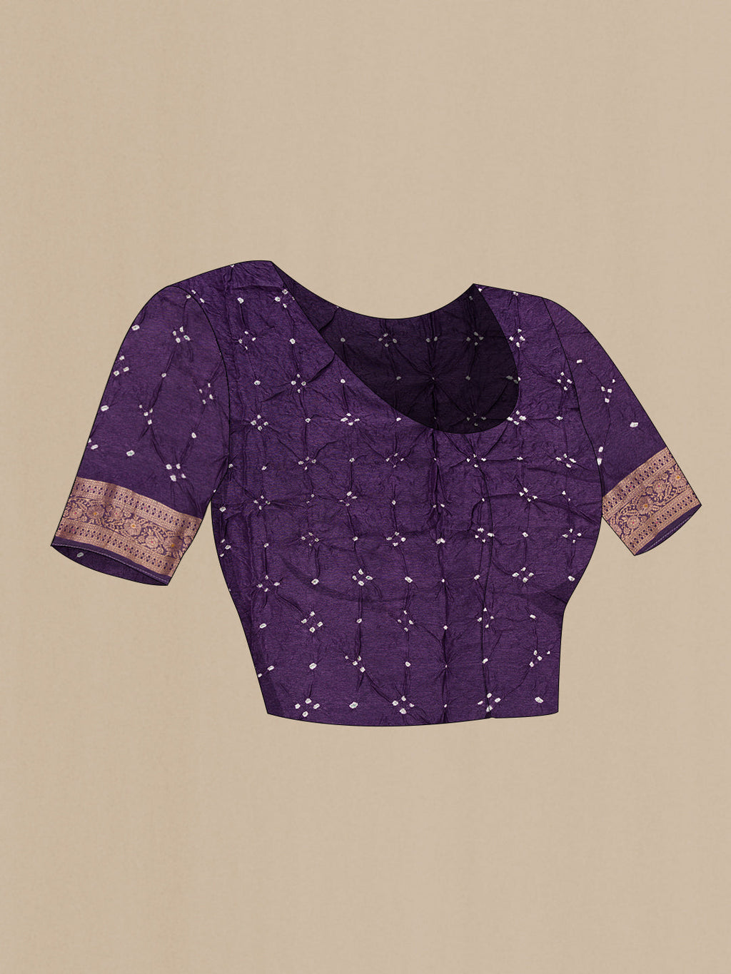 Close up image of the blouse of Purple Blended Bandhani Silk Saree with Bandhani Print on the body and Zari Border. 