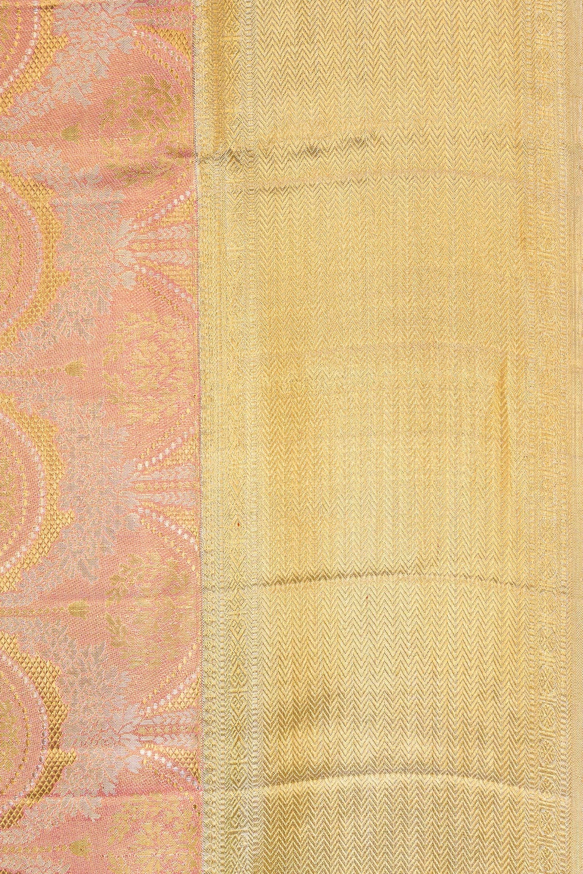 Border image of Rose Gold Dual Tone Kanjivaram Tissue Silk Saree with Zari Brocade on the body and Zari Border. 