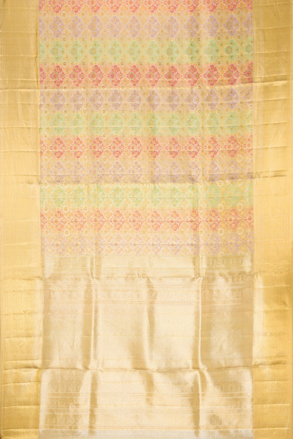 Flat view of Gold Dual Tone Kanjivaram Tissue Silk Saree with Zari Brocade on the body and Zari Border. 