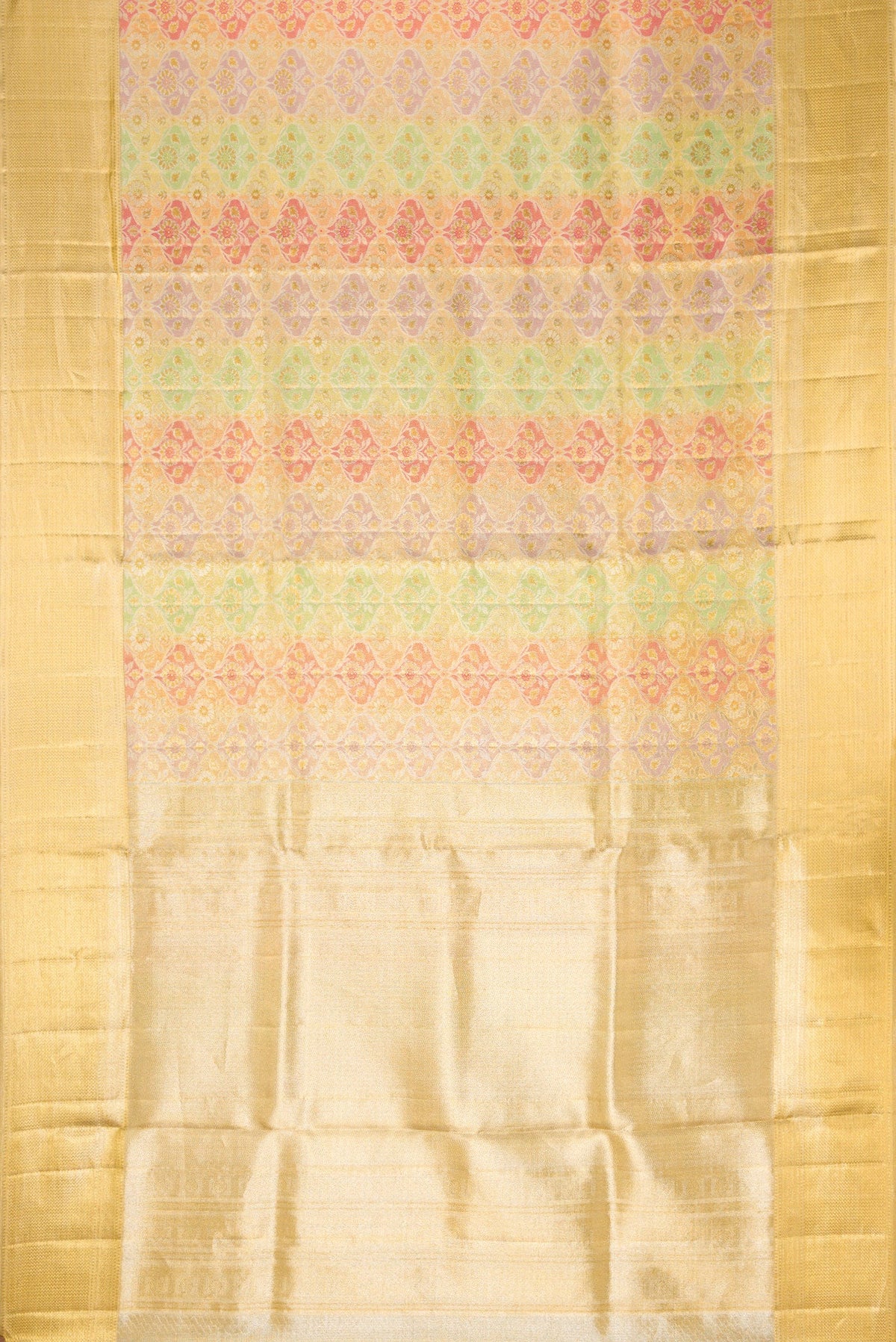Flat view of Gold Dual Tone Kanjivaram Tissue Silk Saree with Zari Brocade on the body and Zari Border. 
