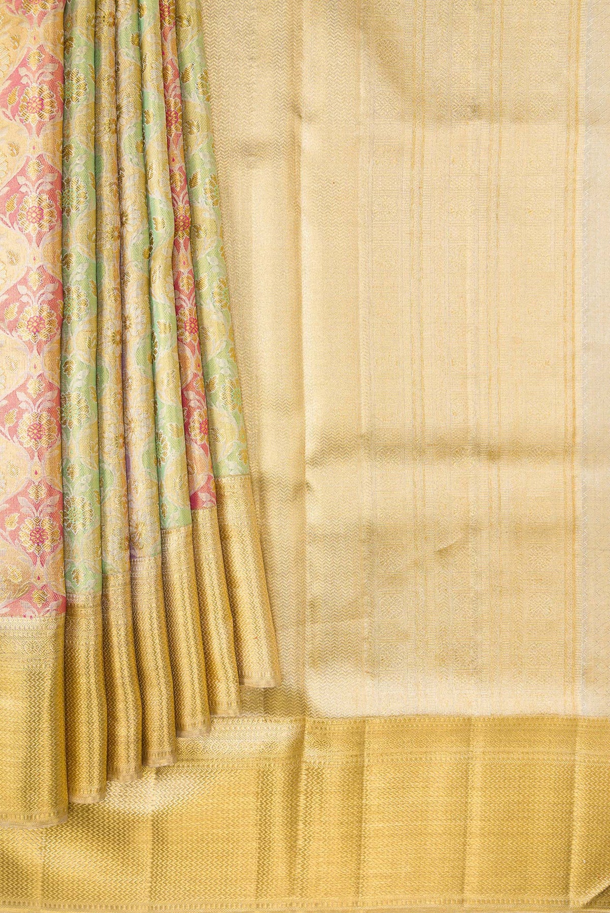 Pleats and pallu of Gold Dual Tone Kanjivaram Tissue Silk Saree with Zari Brocade on the body and Zari Border. 