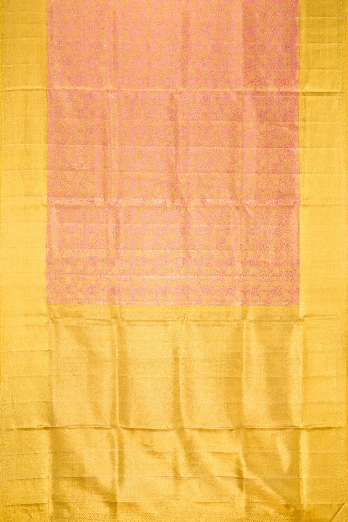 Flat view of Rose Gold Dual Tone Kanjivaram Tissue Silk Saree with Zari Brocade on the body and Zari Border. 