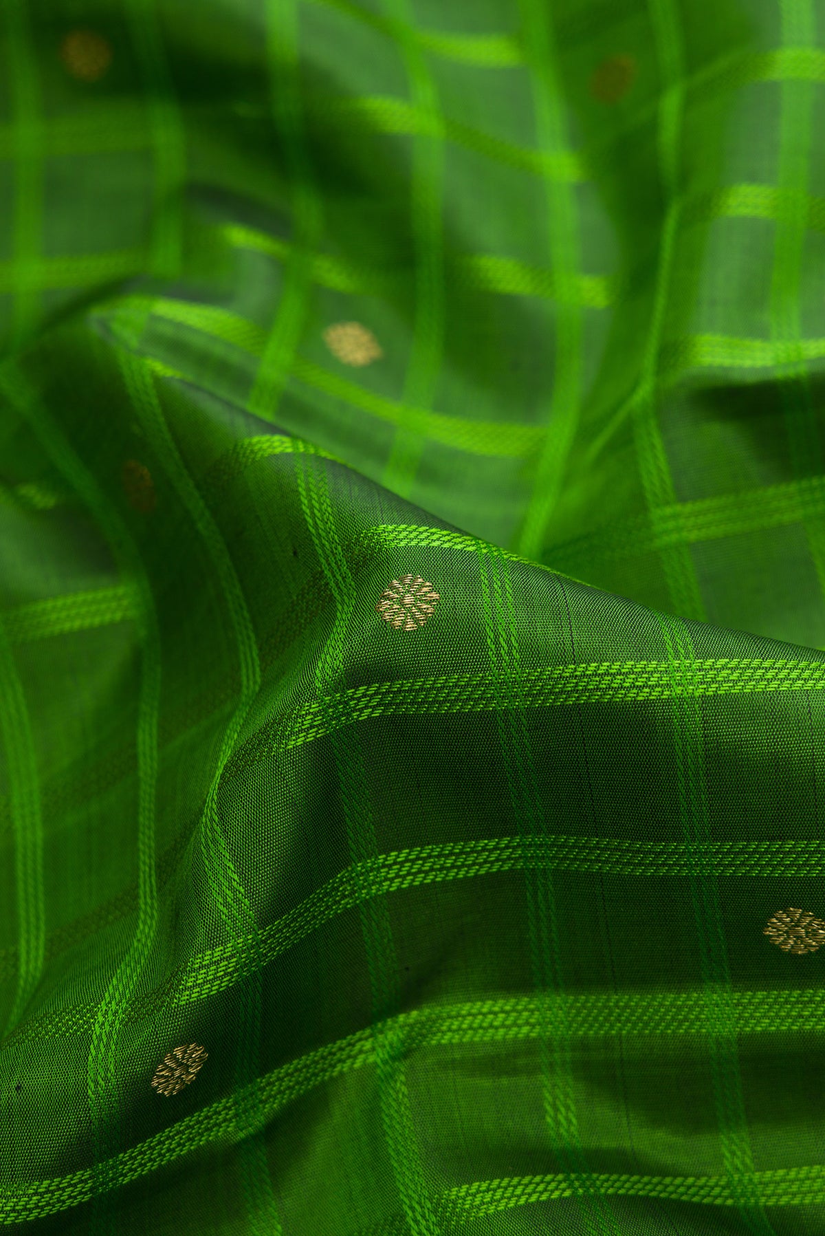 Close up of Pure Silk Pure Zari Green Kanchipuram Saree with Checked design on the body and Ganga Jamuna Border.  displaying folds