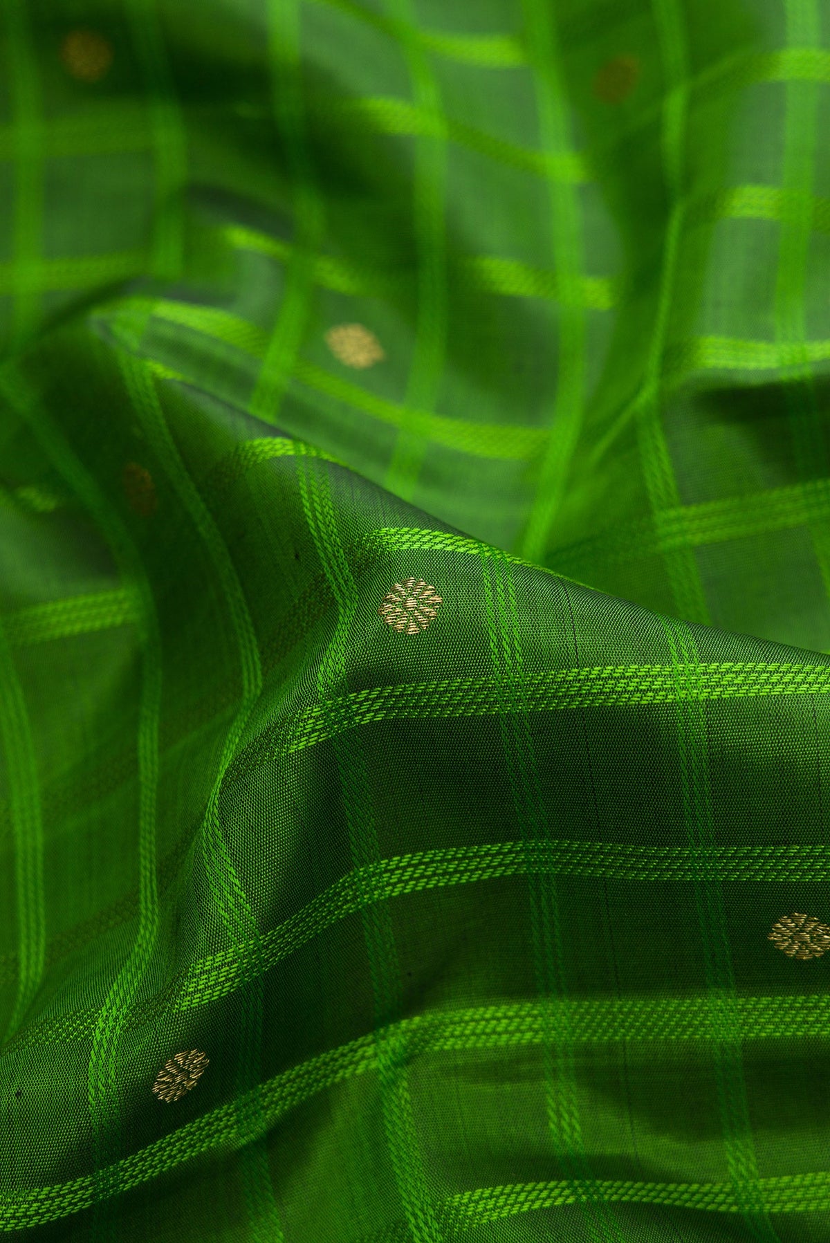 Close up of Pure Silk Pure Zari Green Dual Tone Kanchipuram Saree with Checked design on the body and Ganga Jamuna Border.  displaying folds