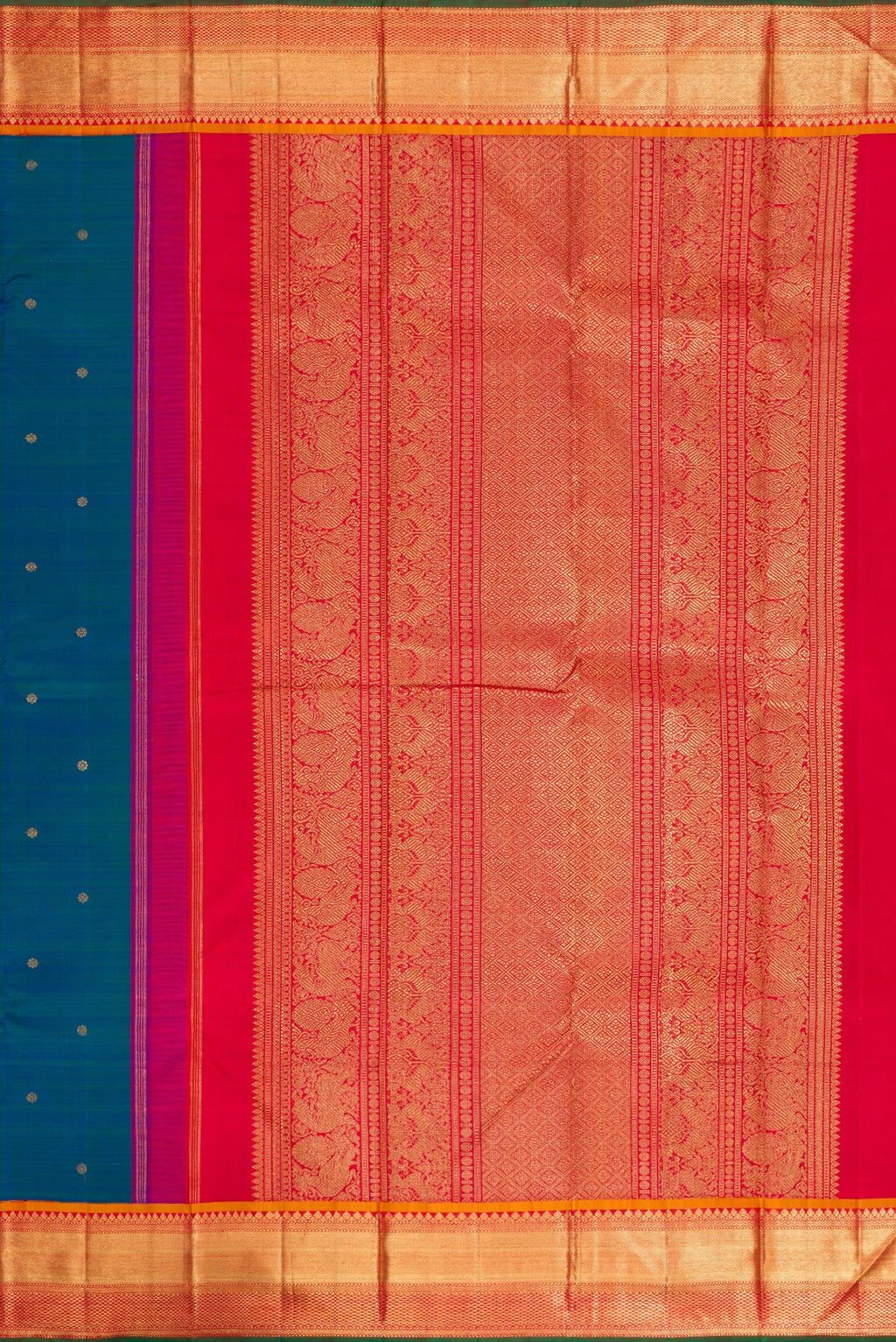 Close up image of the pallu of Pure Silk Pure Zari Peacock Blue Dual Tone Kanjivaram Saree with Zari Butta on the body and Zari Border. 