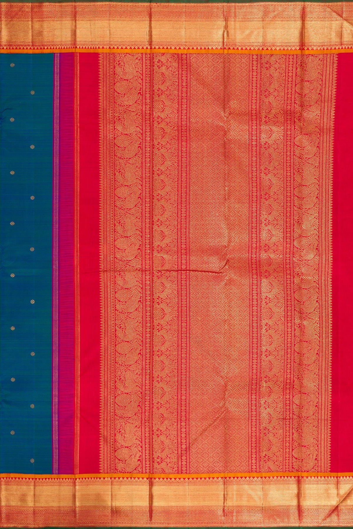 Close up image of the pallu of Pure Silk Pure Zari Peacock Blue Dual Tone Kanjivaram Saree with Zari Butta on the body and Zari Border. 