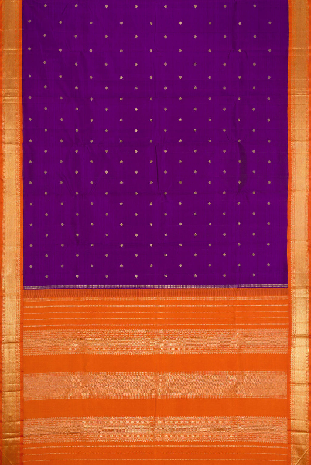 Flat view of Pure Silk Pure Zari Violet Kanjivaram Saree with Zari Butta on the body and Zari Border. 