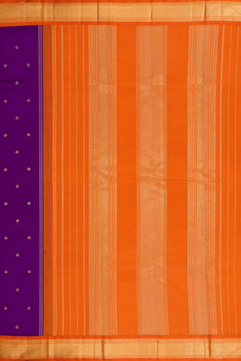 Close up image of the pallu of Pure Silk Pure Zari Violet Kanjivaram Saree with Zari Butta on the body and Zari Border. 