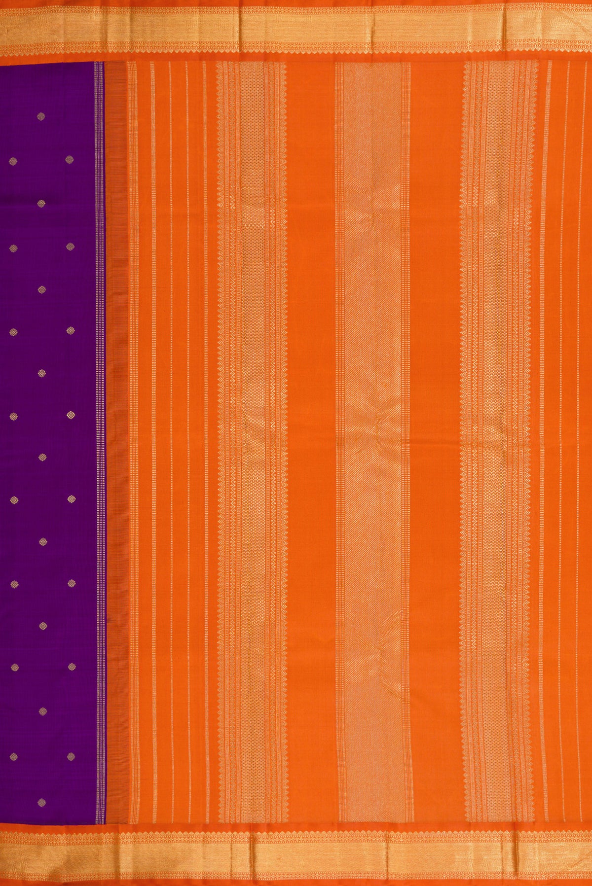 Close up image of the pallu of Pure Silk Pure Zari Violet Kanjivaram Saree with Zari Butta on the body and Zari Border. 