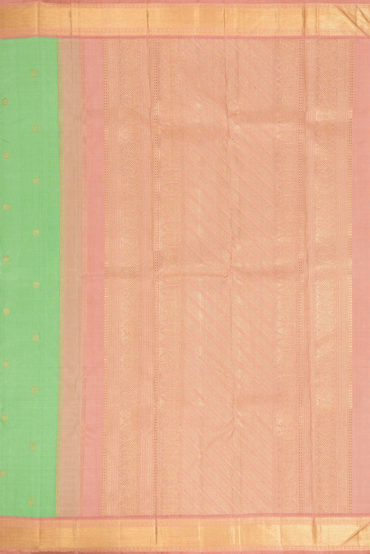 Close up image of the pallu of Light Green Dual Tone Kanjivaram Silk Saree with Zari Butta on the body and Zari Border. 