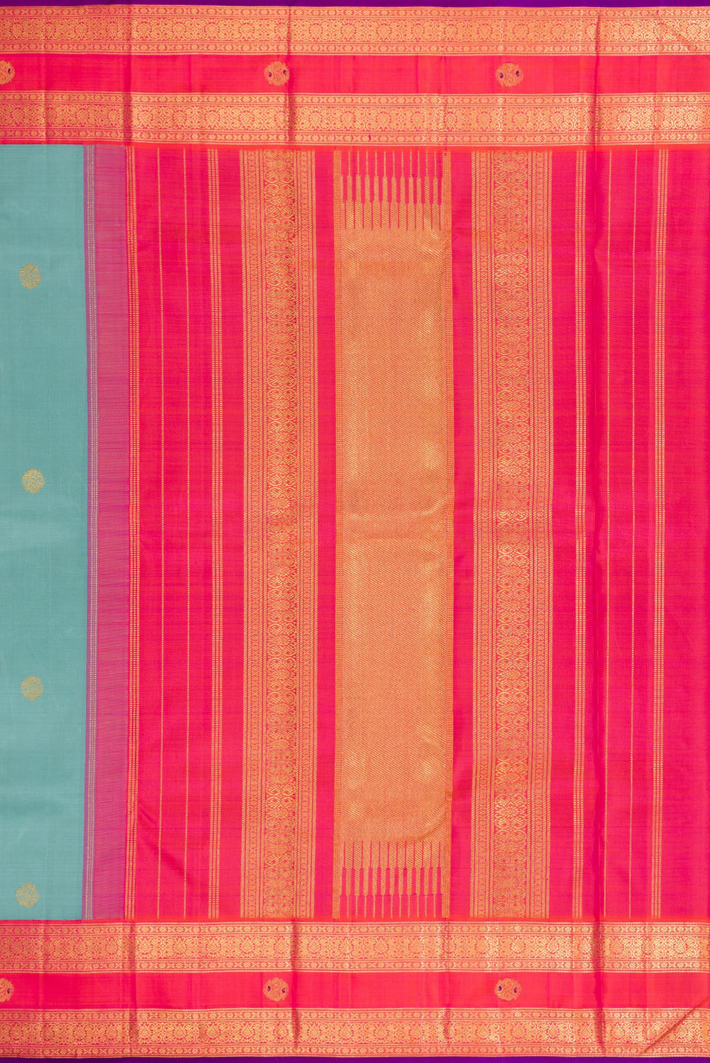 Close up image of the pallu of Pure Silk Pure Zari Sky Blue Dual Tone Kanjivaram Saree with Zari Butta on the body and Zari Border. 