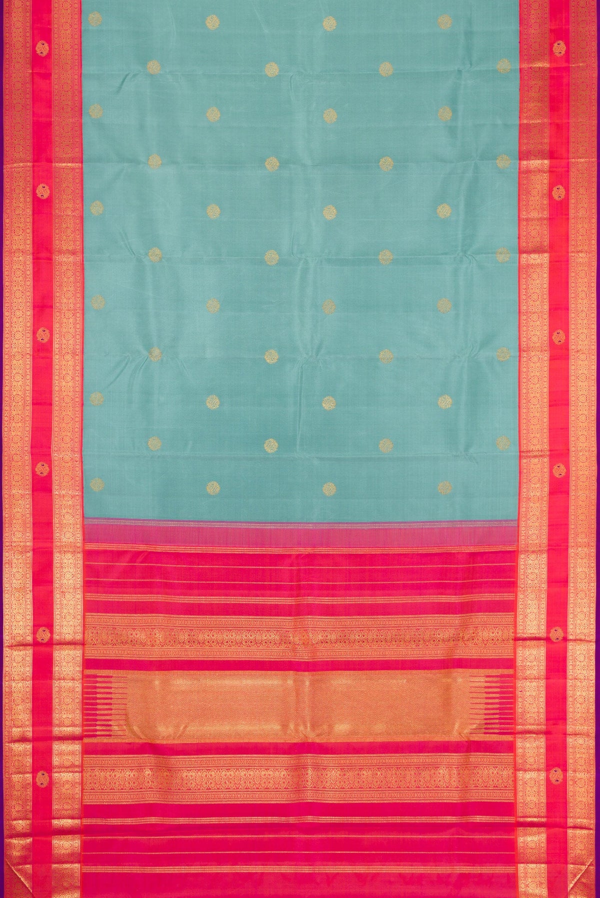 Flat view of Pure Silk Pure Zari Sky Blue Dual Tone Kanjivaram Saree with Zari Butta on the body and Zari Border. 