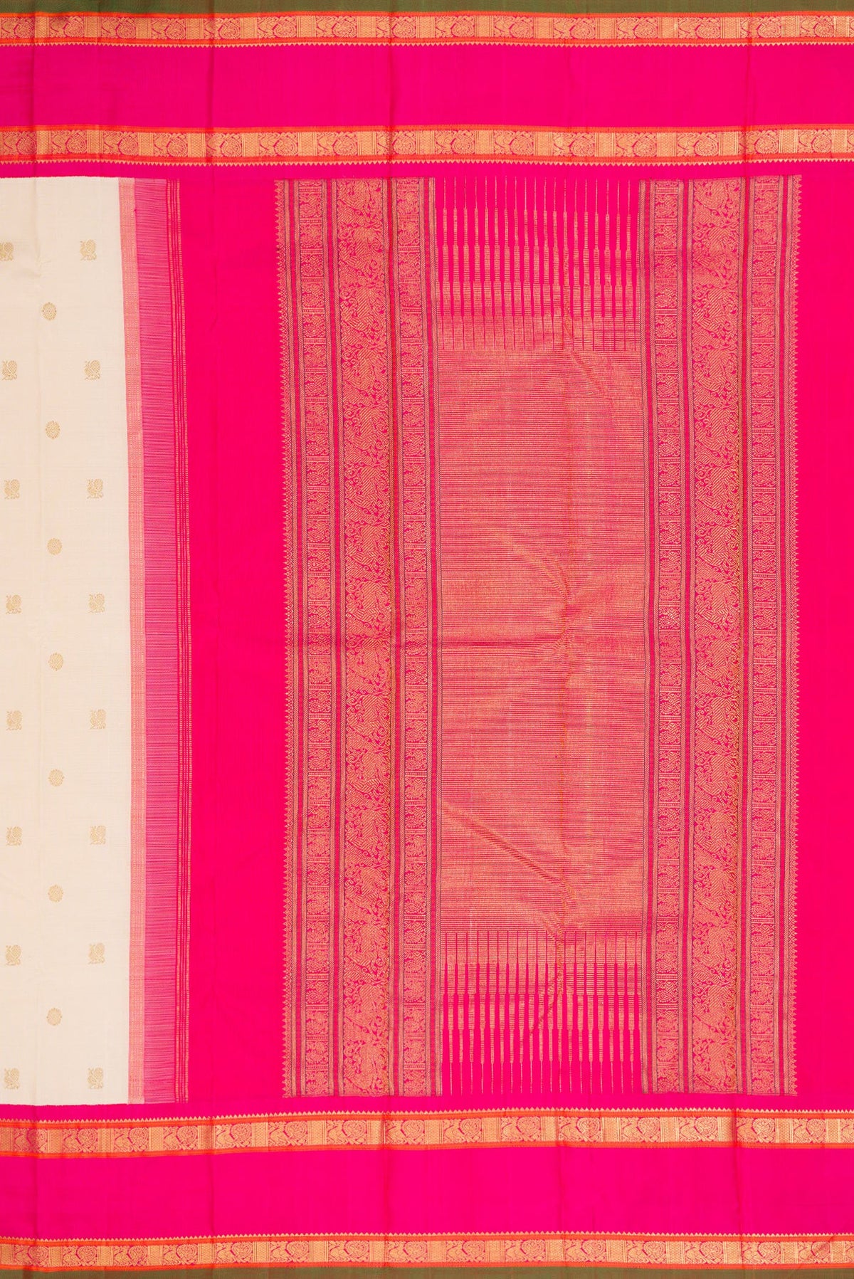 Close up image of the pallu of Pure Silk Pure Zari Off White Dual Tone Kanjivaram Saree with Zari Butta on the body and Zari Border. 