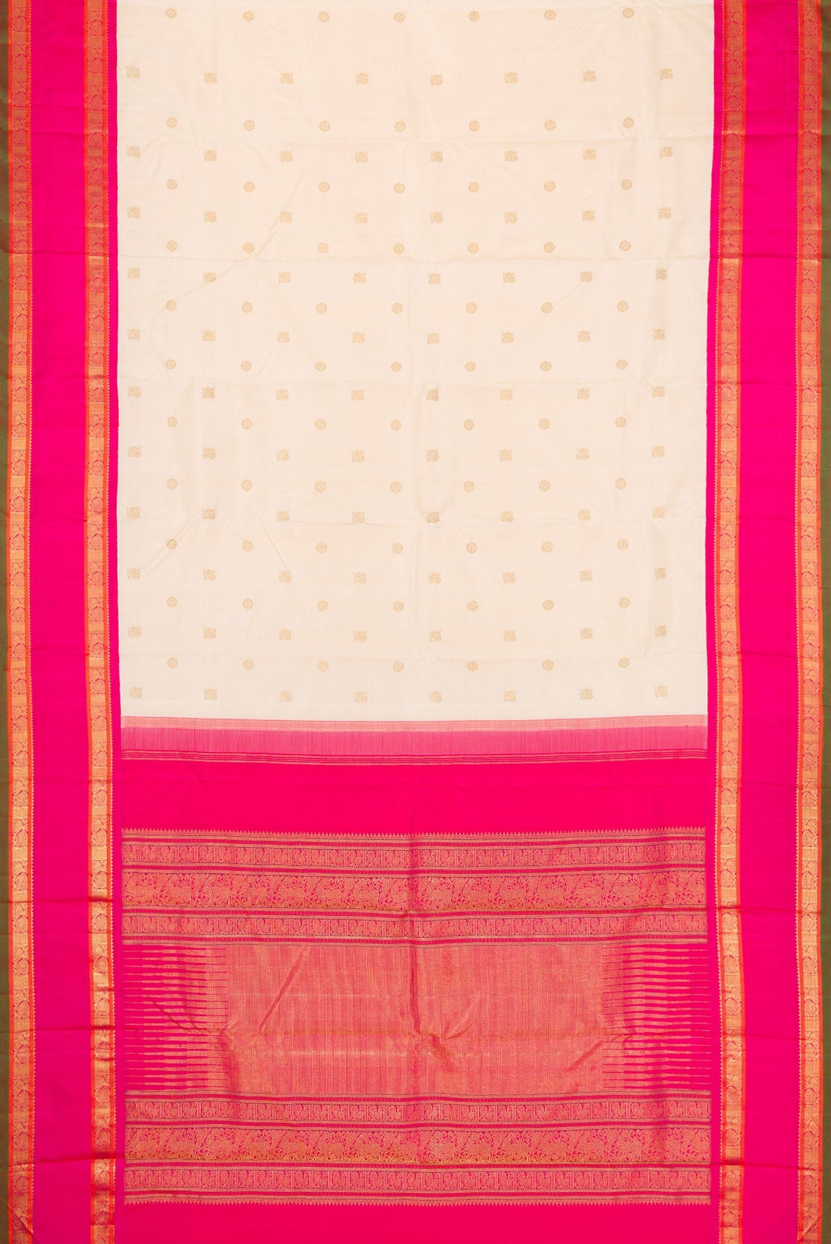 Flat view of Pure Silk Pure Zari Off White Dual Tone Kanjivaram Saree with Zari Butta on the body and Zari Border. 