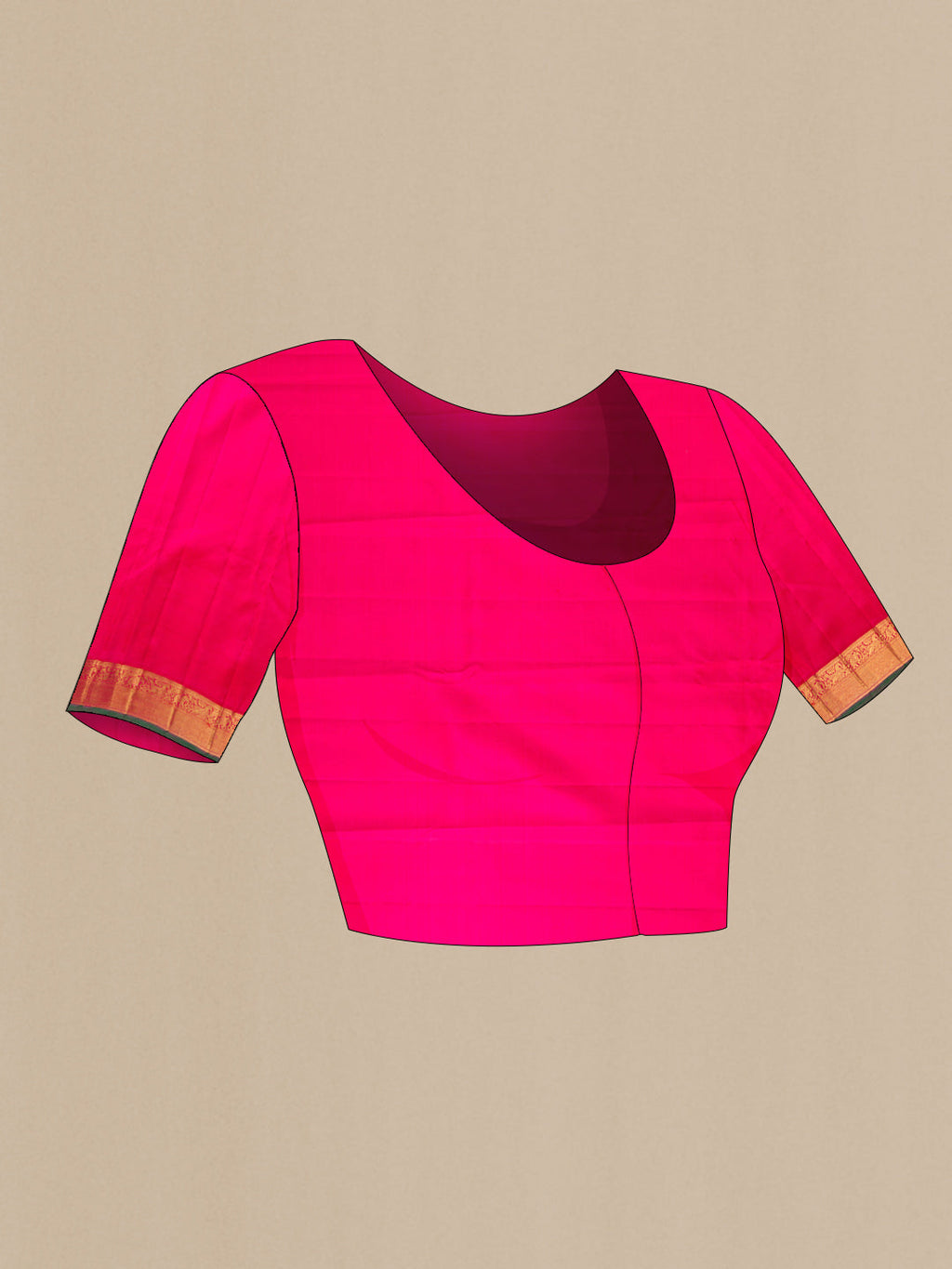 Close up image of the blouse of Pure Silk Pure Zari Pink Dual Tone Kanjivaram Saree with Zari Butta on the body and Zari Border. 