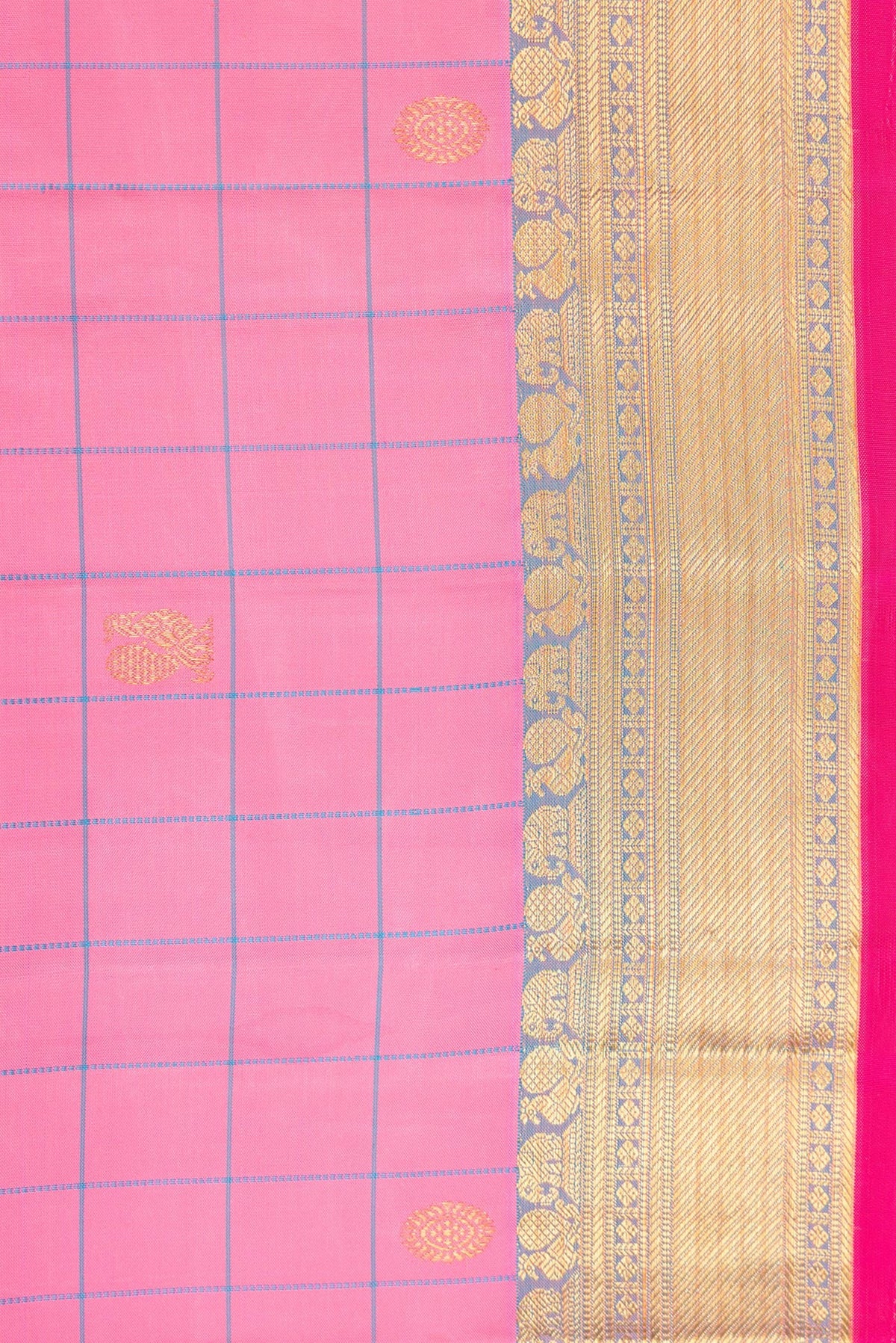 Border image of Pure Silk Pure Zari Pink Dual Tone Kanjivaram Saree with Checked design on the body and Zari Border. 