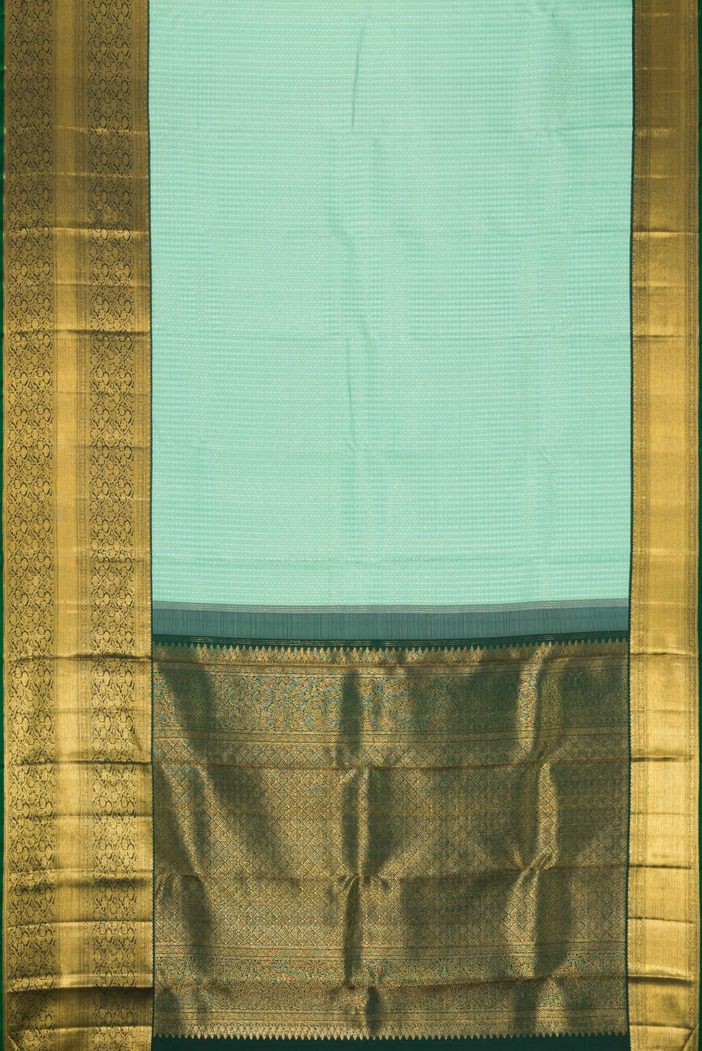 Flat view of Light Green Dual Tone Kanjivaram Silk Saree with Zari Brocade on the body and Zari Border. 