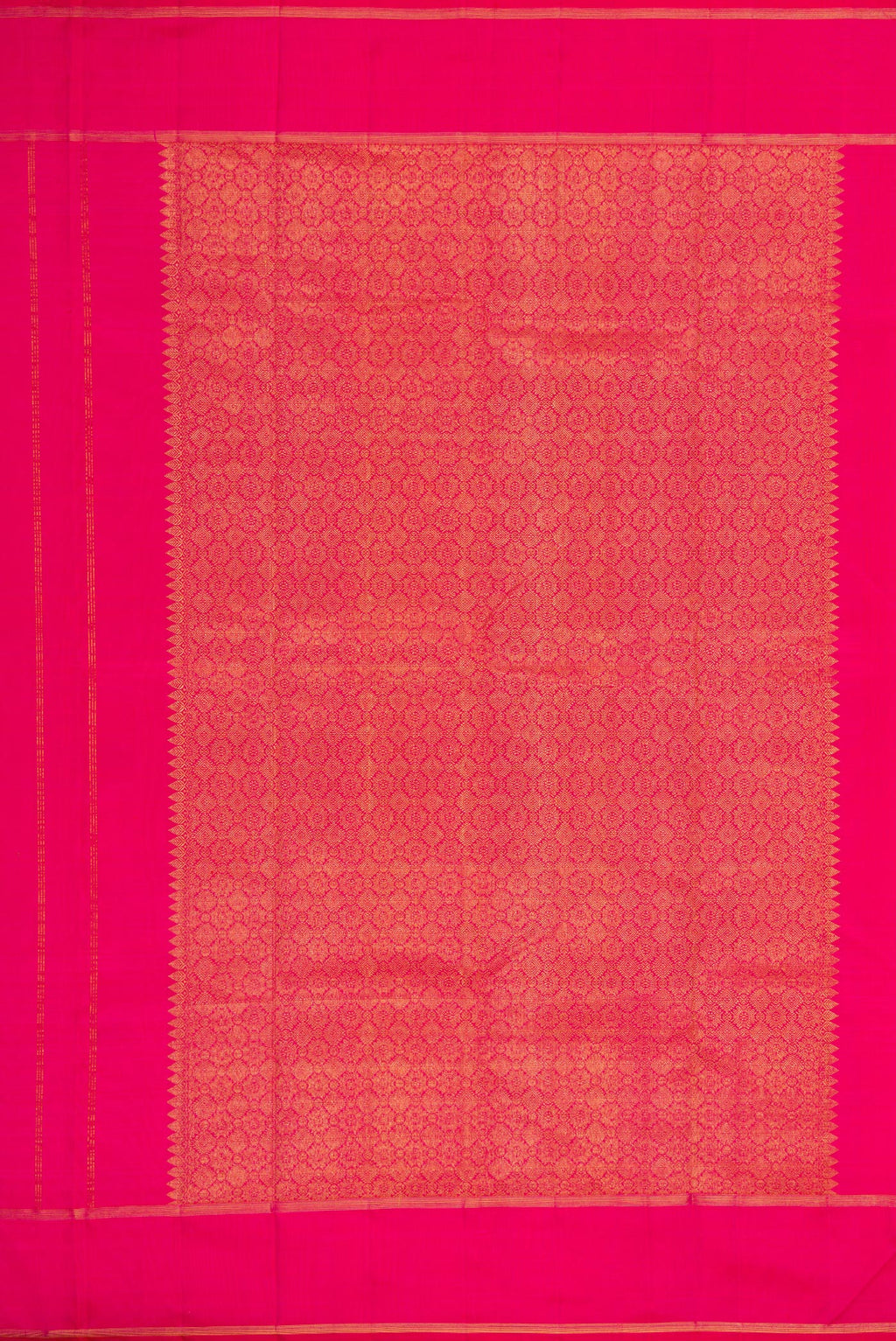 Close up image of the pallu of Pure Silk Pure Zari Pink Kanjivaram Saree with Zari And Thread Butta on the body and Plain Border. 