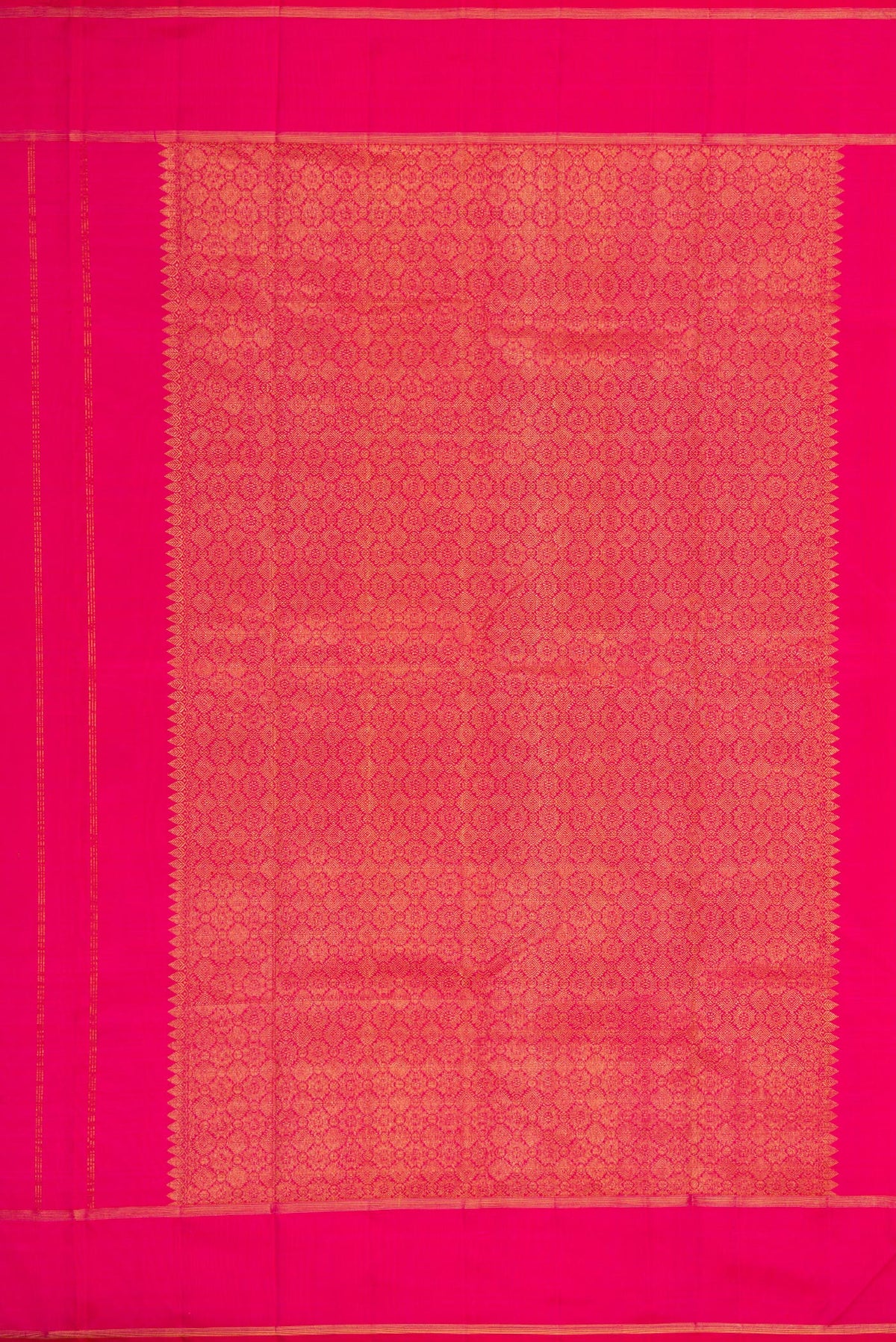 Close up image of the pallu of Pure Silk Pure Zari Pink Kanjivaram Saree with Zari And Thread Butta on the body and Plain Border. 
