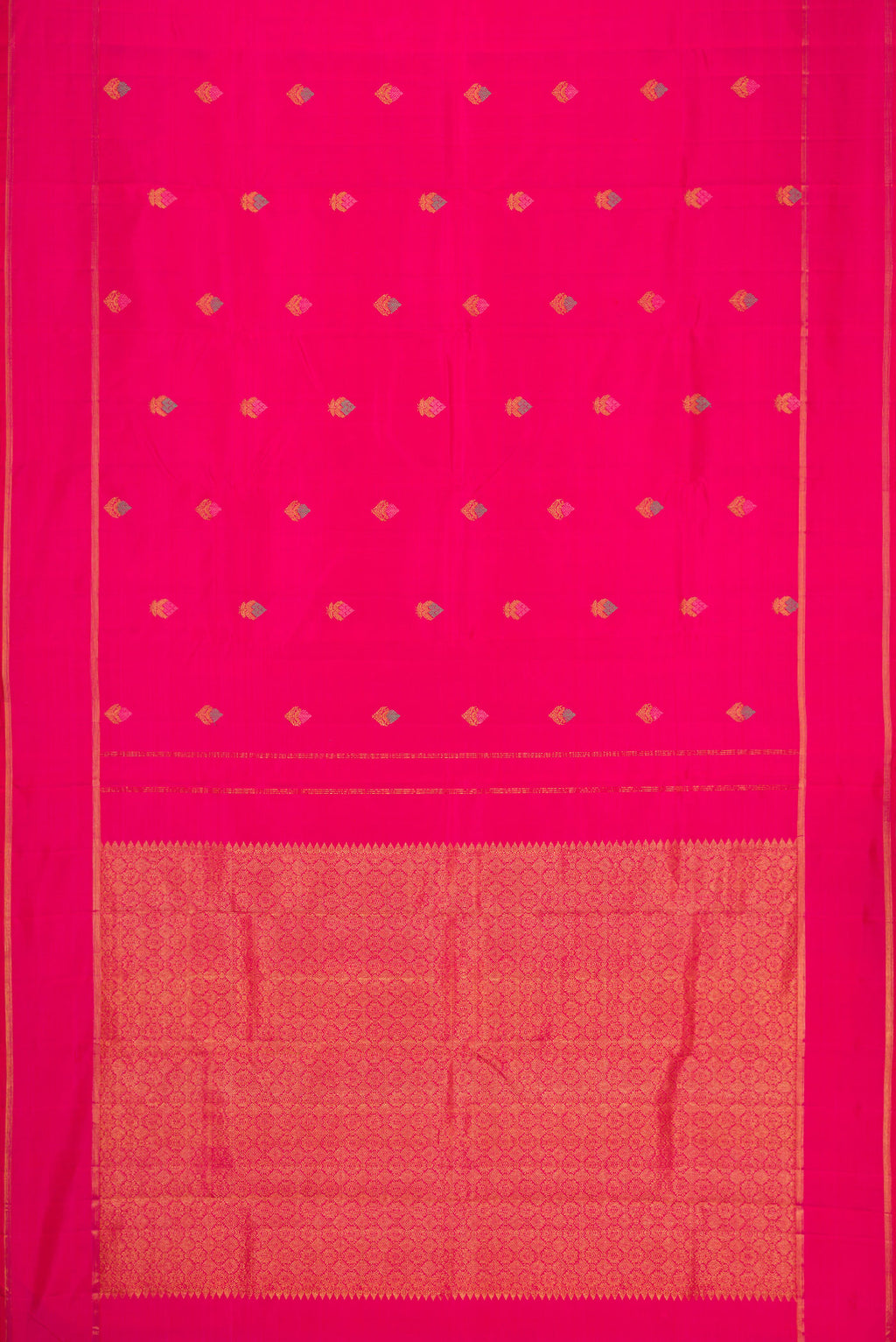 Flat view of Pure Silk Pure Zari Pink Kanjivaram Saree with Zari And Thread Butta on the body and Plain Border. 