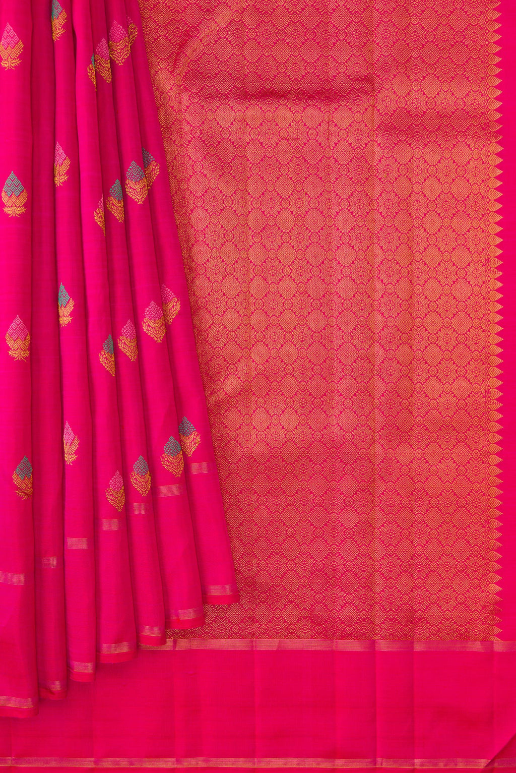 Pleats and pallu of Pure Silk Pure Zari Pink Kanjivaram Saree with Zari And Thread Butta on the body and Plain Border. 