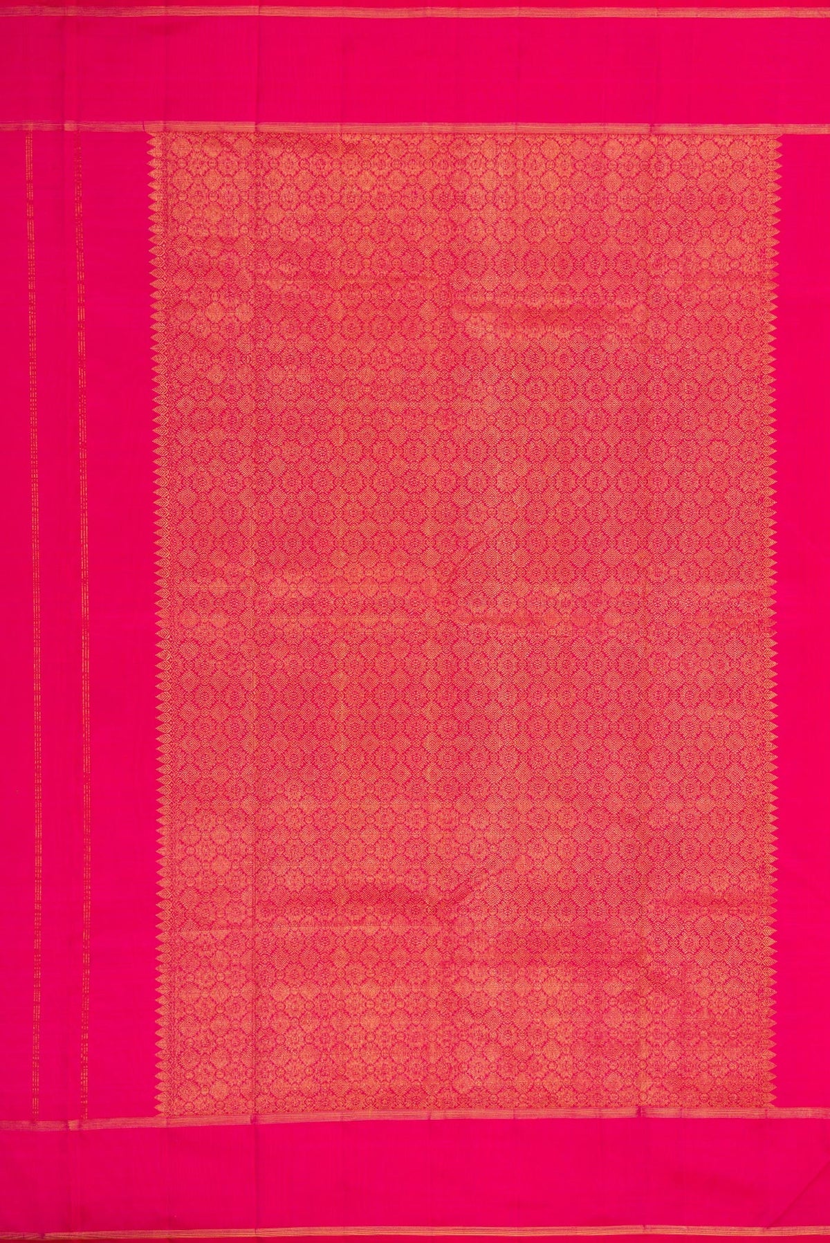 Close up image of the pallu of Pure Silk Pure Zari Pink Dual Tone Kanjivaram Saree with Zari And Thread Butta on the body and Zari Border. 