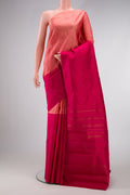 Peach and Dark Pink Color Kanjivaram Silk Saree with Half And Half on the body and Without Border.  displayed on a mannequin