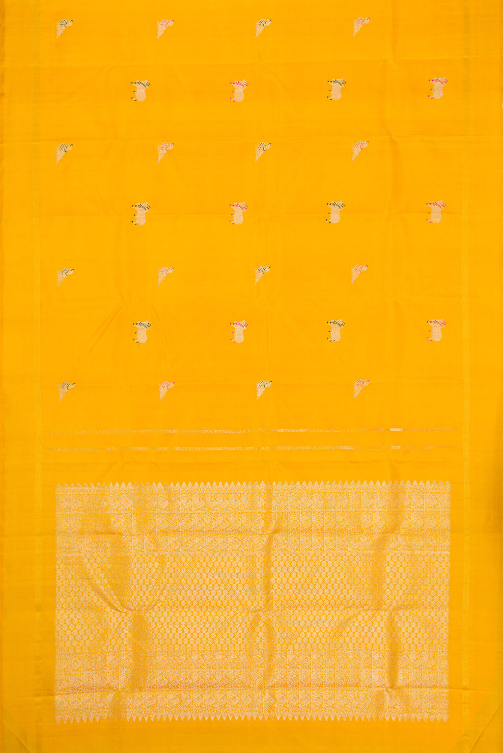 Flat view of Yellow Kanjivaram Silk Saree with Zari And Thread Butta on the body and Thin Zari Line. 