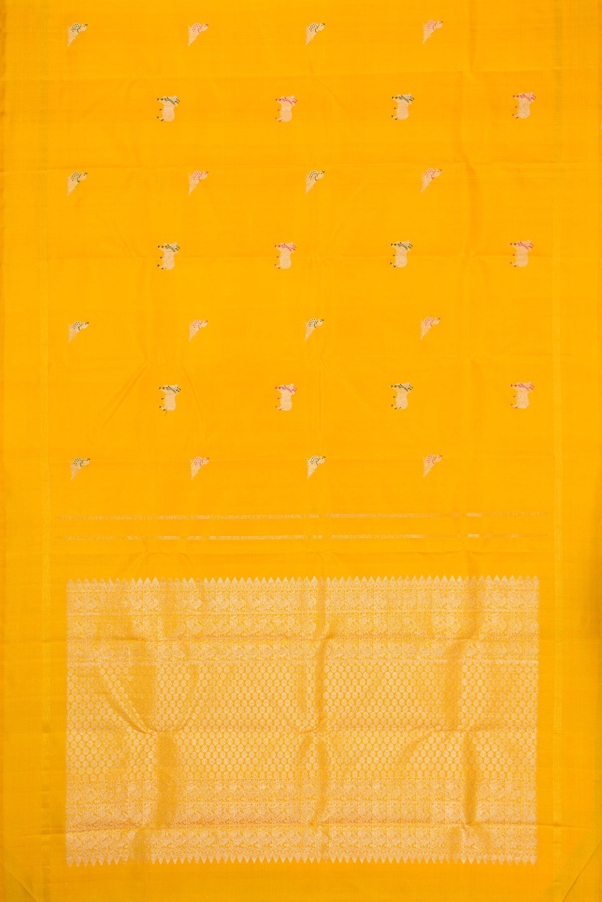 Flat view of Yellow Kanjivaram Silk Saree with Zari And Thread Butta on the body and Thin Zari Line. 