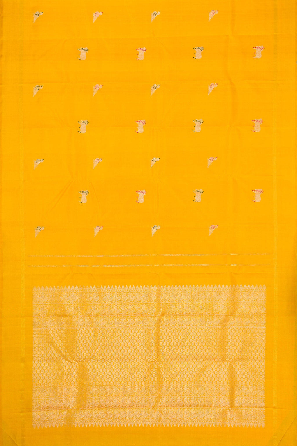Flat view of Yellow Dual Tone Kanjivaram Silk Saree with Zari And Thread Butta on the body and Thin Zari Line. 