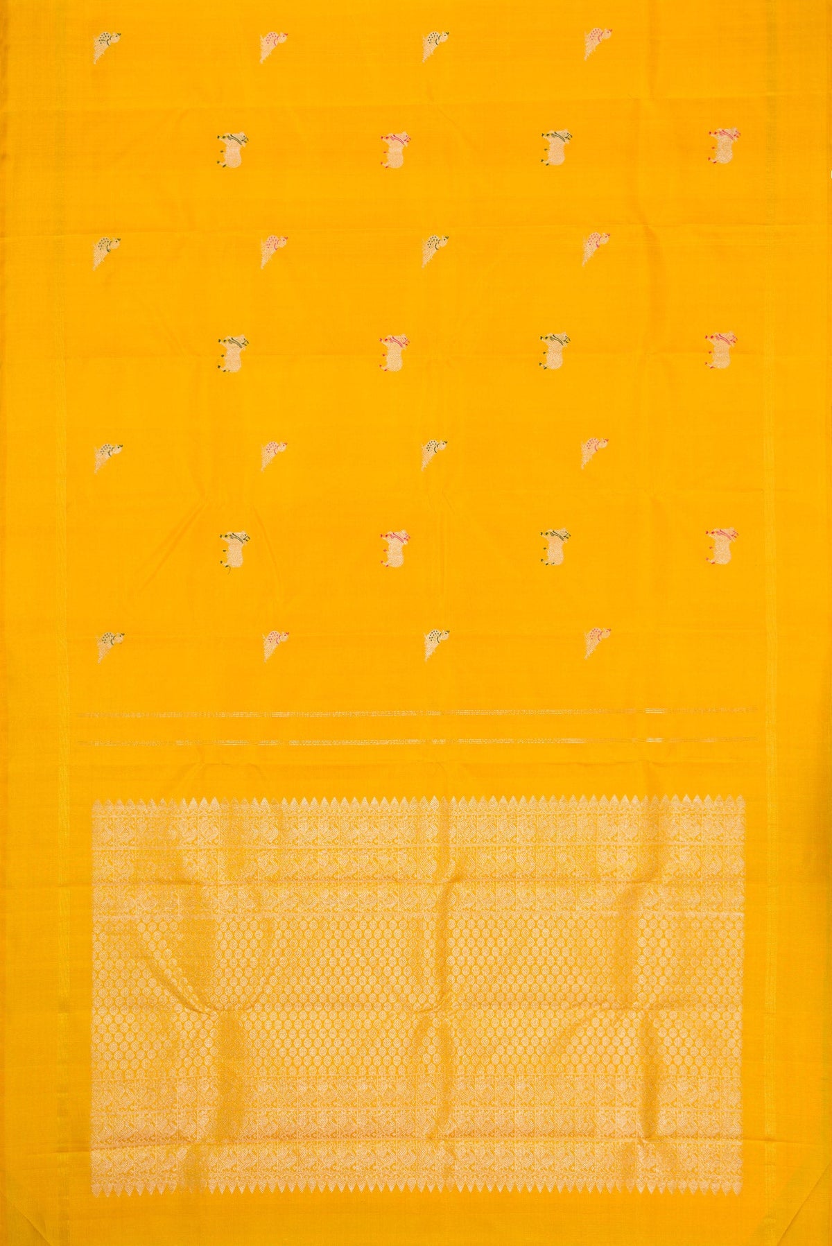 Flat view of Yellow Dual Tone Kanjivaram Silk Saree with Zari And Thread Butta on the body and Thin Zari Line. 