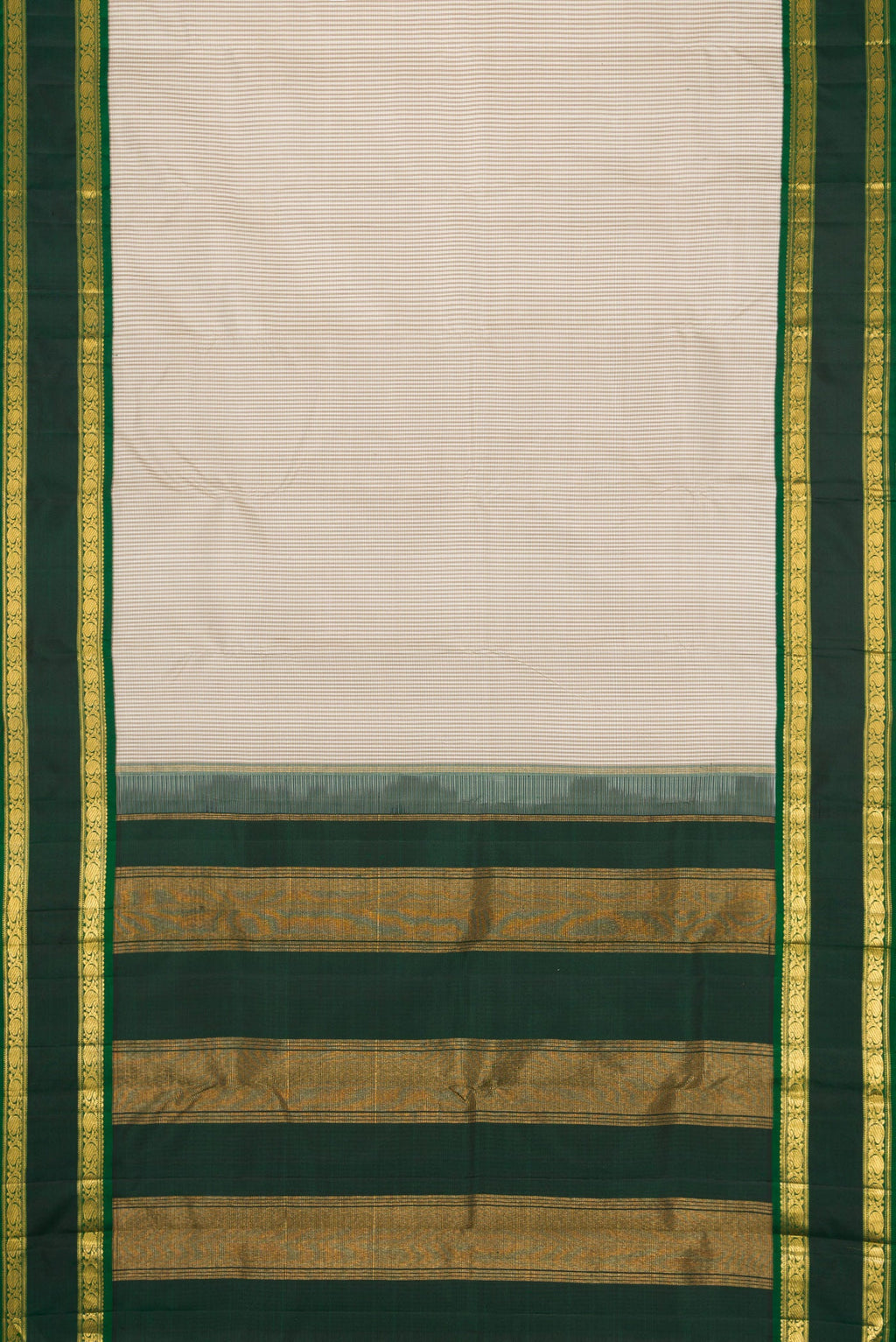 Flat view of Beige Dual Tone Kanjivaram Silk Saree with Checked design on the body and Zari Border. 